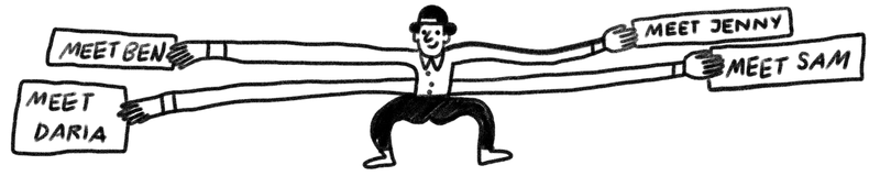 Illustration of a man holding different names
