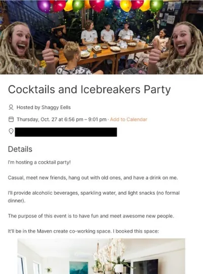 Screenshot of a cocktail party invitation page