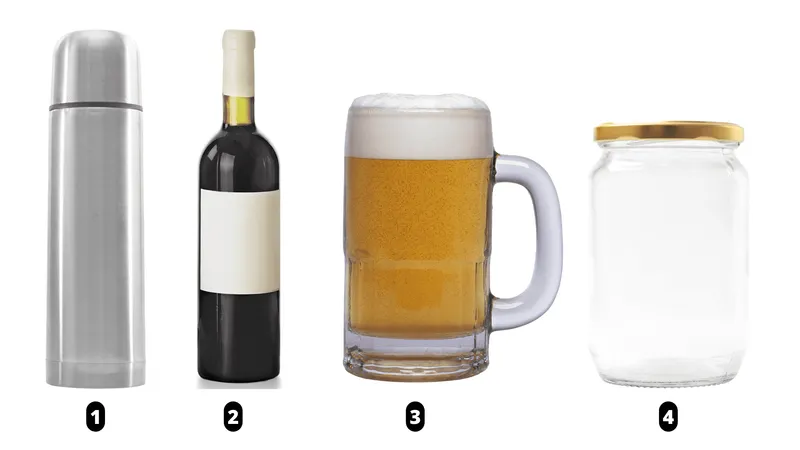 thermos, wine bottle, mason jar