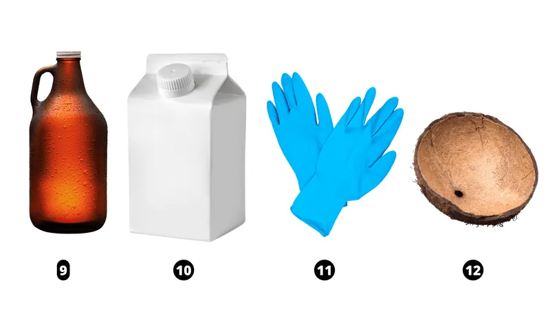 growler, milk carton, waterproof glove, coconut shell