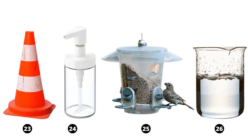 traffic cone, alcohol dispencer, bird feeder, beaker