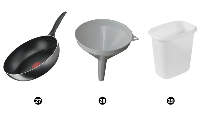 frying pan, trash can, funnel