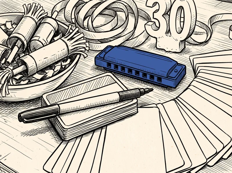 Hand-drawn illustration of a table with a fanned deck of cards, blank name tags, confetti poppers, a number 30 candle and a blue harmonica.