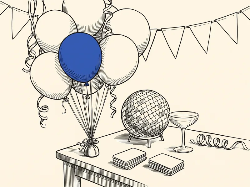 A pen and ink drawing of a party table with a cluster of balloons, a disco ball, a cocktail glass and blank cards, with one balloon in cobalt blue