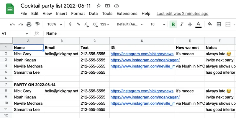 screenshot of google spreadsheet
