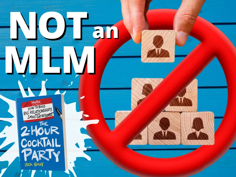 Header image: not an MLM with 2hr cocktail party book on the background and photo of banned multi-level marketing