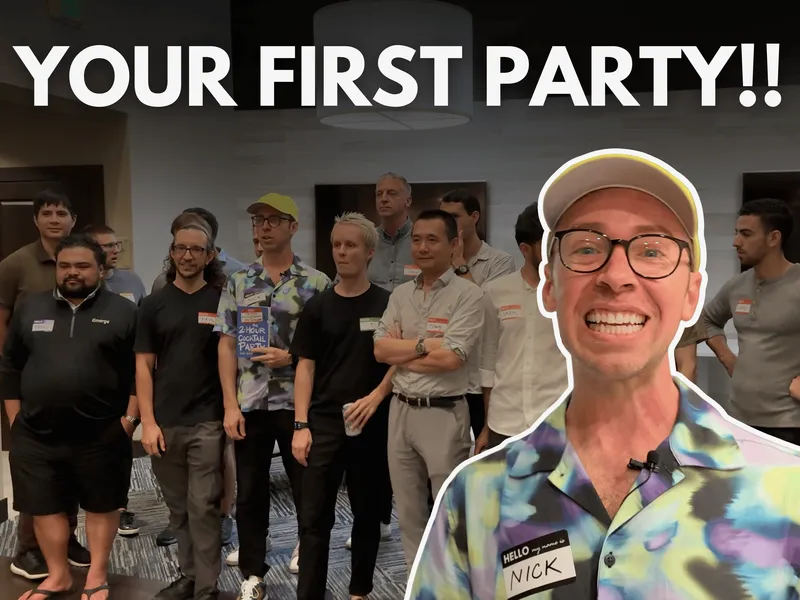 Title Header: Your First party background image of people having icebreaker