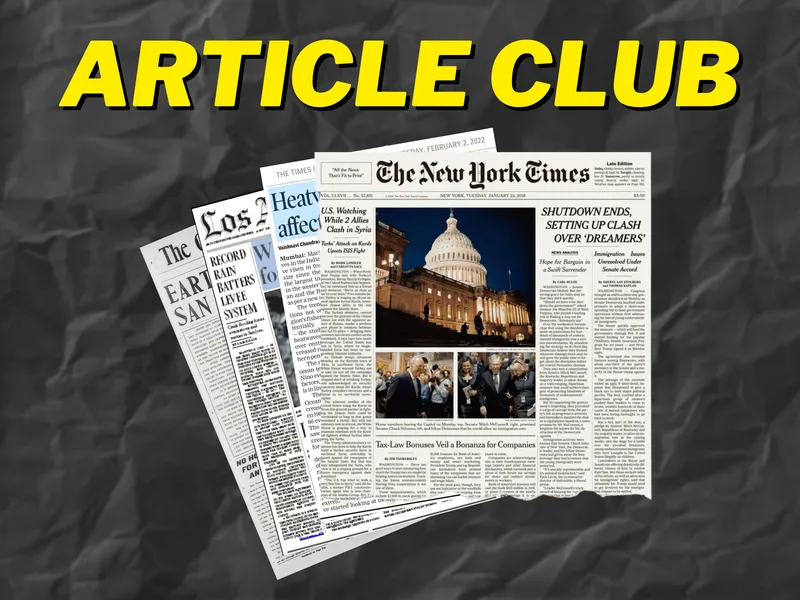Article Club headline with newspapers front pages stacked