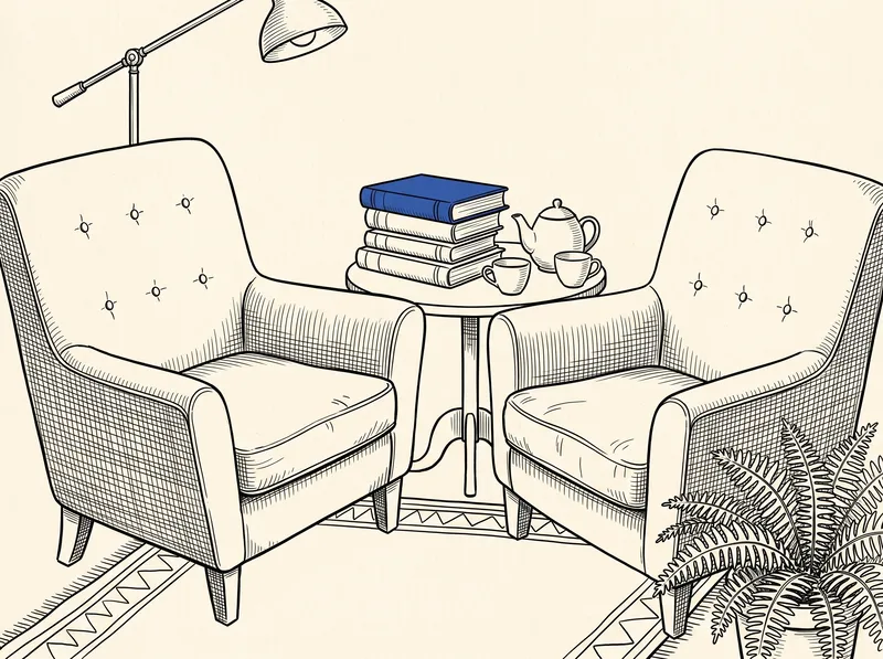 A pen and ink drawing of two empty armchairs pulled close together with a stack of books and a teapot on a small table between them, one book in cobalt blue
