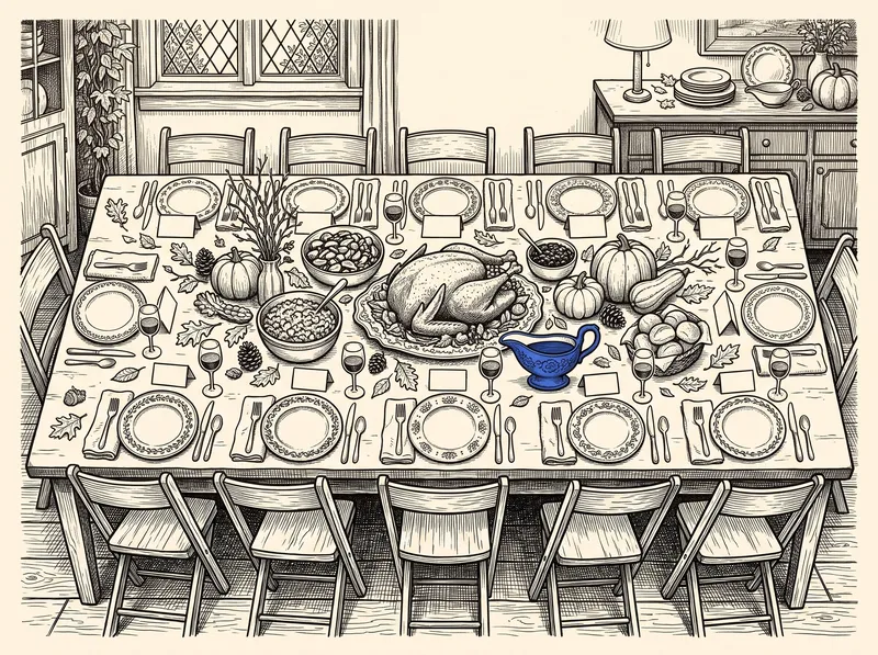 Pen-and-ink drawing of a long Friendsgiving table set for a dozen with a turkey, pumpkins and a blue gravy boat