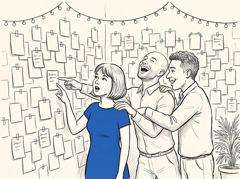 Illustration of three party guests laughing in front of a wall entirely covered in small taped printed question cards, one woman pointing at a specific card