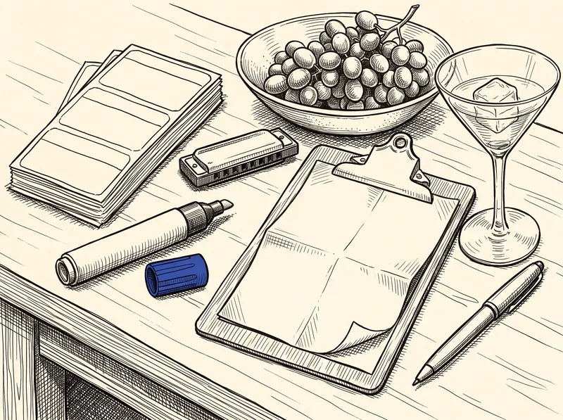 Hand-drawn illustration of a table with blank name tags, a marker with a blue cap, a harmonica, a bowl of grapes, a clipboard and a cocktail glass.