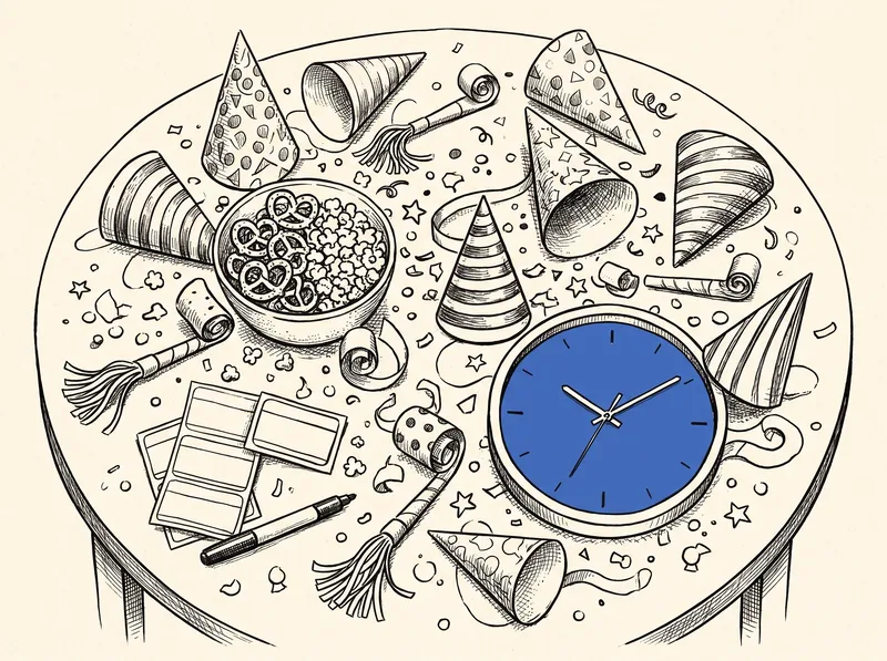 Pen-and-ink drawing of a coffee table covered in party hats, noisemakers, snacks and name tags, with a blue clock face in the middle