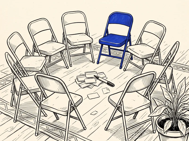 A pen and ink drawing of eight empty folding chairs in a circle with blank name tags and a marker on the floor in the middle, one chair in cobalt blue