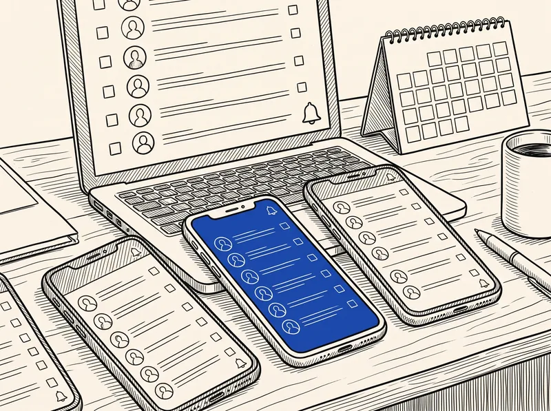 A pen and ink drawing of three phones on a desk showing digital guest lists with RSVP checkboxes, beside a laptop and a blank calendar, with one phone screen in cobalt blue
