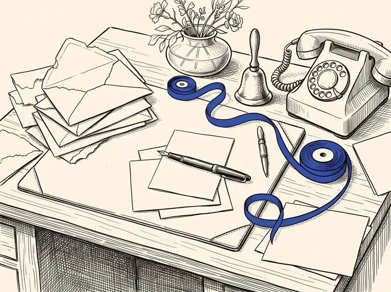 Hand-drawn illustration of a desk with opened invitation envelopes, blank reply cards, a fountain pen, a bell, a rotary phone and a blue ribbon unspooling across it.