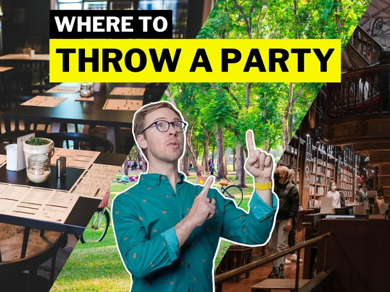 Header text: Where to Throw a Party, three split diagonal collage of restaurant, park, and library photos