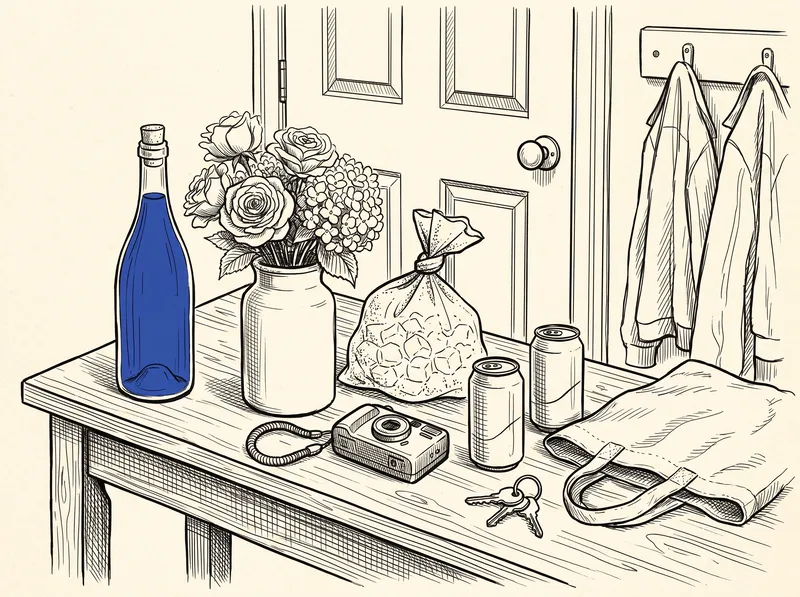 Hand-drawn illustration of an entryway table holding a blue bottle, flowers in a vase, a bag of ice, a camera, sparkling water cans and keys.