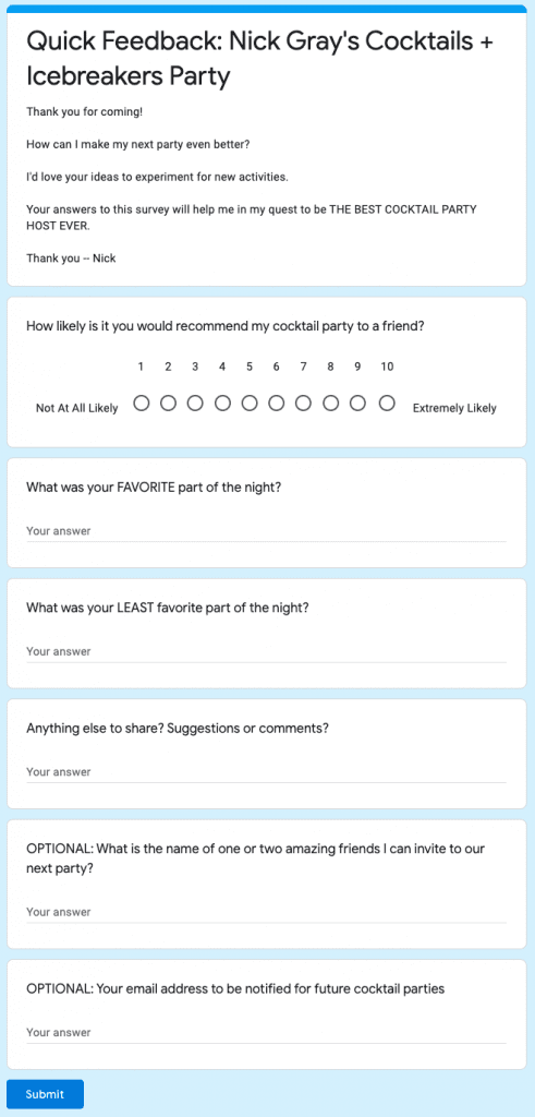 Post Party Survey Screenshot