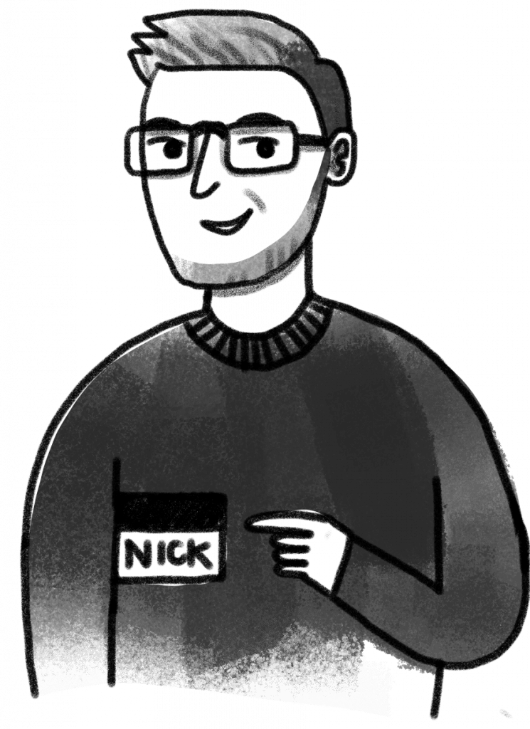 Illustration of Nick Gray pointing to his name tag.