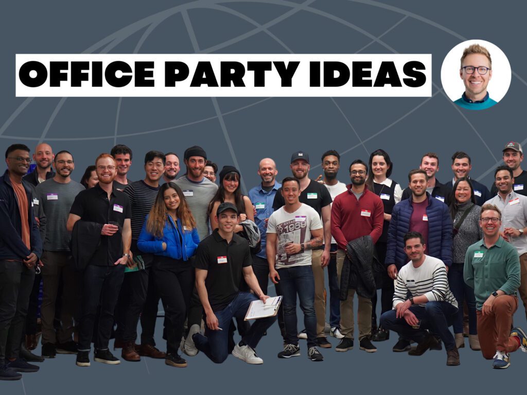 group of people with name tags, smiling on a gray background with a globe logo and a header that says Office Party Ideas and a photo of Nick Gray on the right