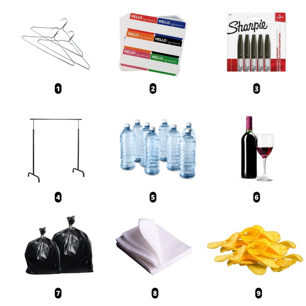 supplies for clothing swap in numbered list, ascending order