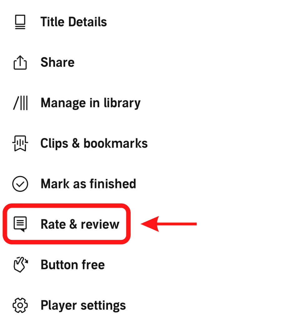 Step 2 of how to leave an Audible review with arrow to the Rate & review section
