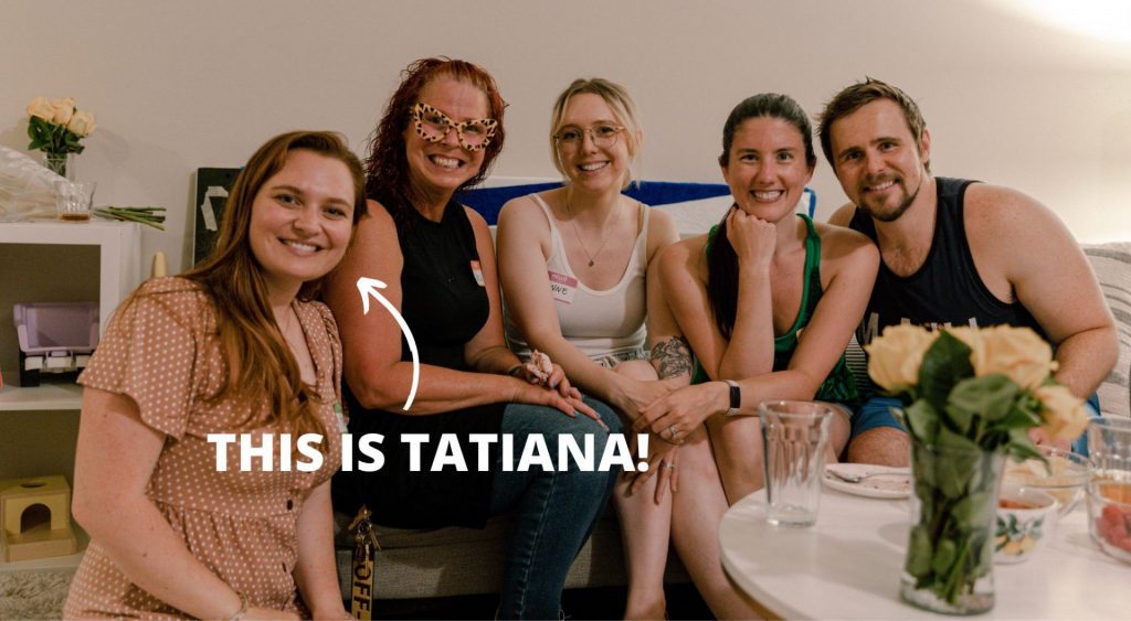 A picture of Tati with her party guests with an arrow to her to signify who is Tatiana