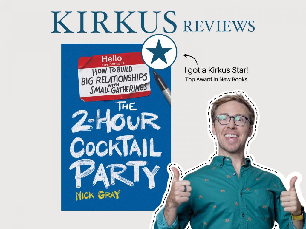 kirkus review text with The 2-Hour Cocktail Party book cover and Nick's portrait