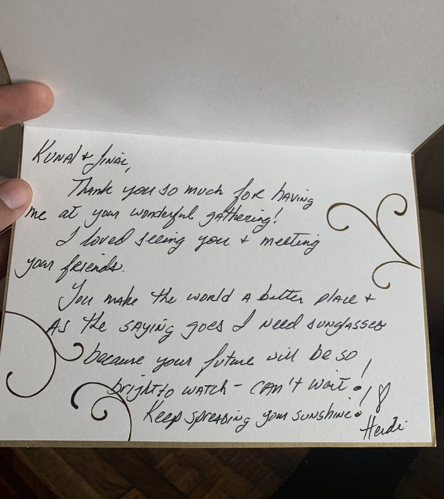 Card that one of Kunal's guests gave to him.