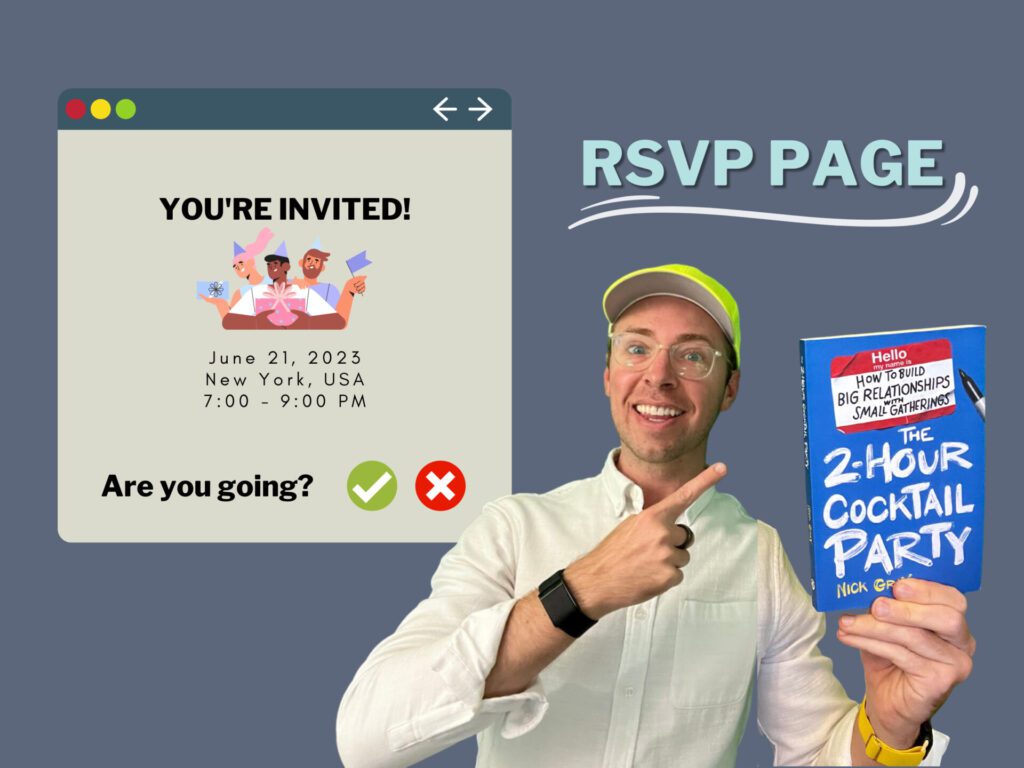 Header text: "RSVP PAGE" with an illustration of a RSVP page on the left and a cut-out element of Nick Gray on the right