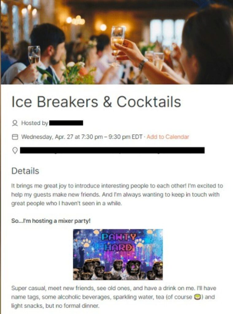 Screenshot of a cocktail party invitation page