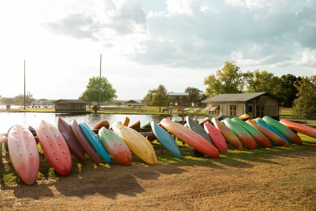 Kayaks in adult summer camp