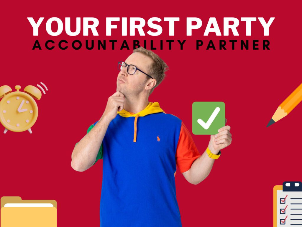 Header text: Your First Party Accountability Partner and Nick Gray's photo cropped as an element with graphic icons