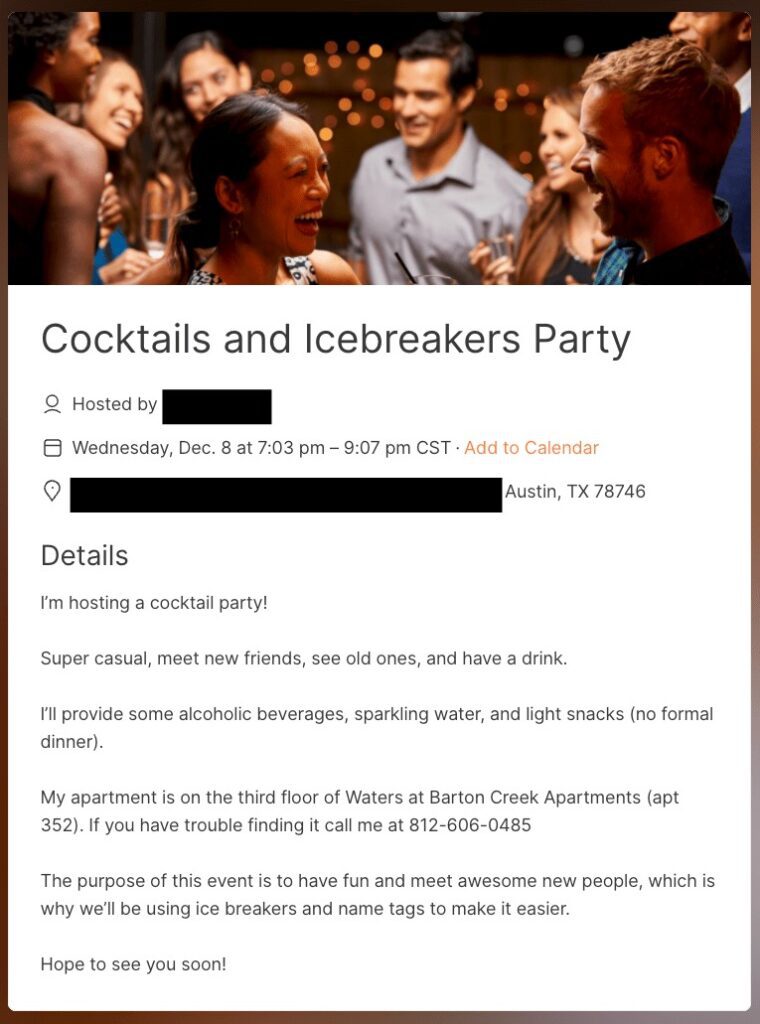 Screenshot of a cocktail party invitation page