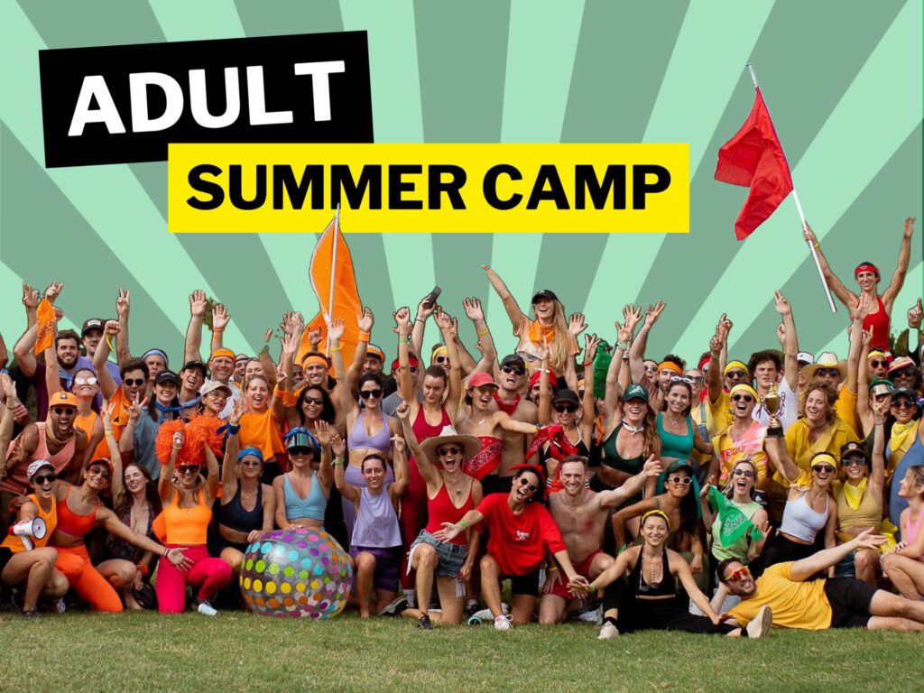 Header text: Adult Summer Camp, a group photo on the bottom
