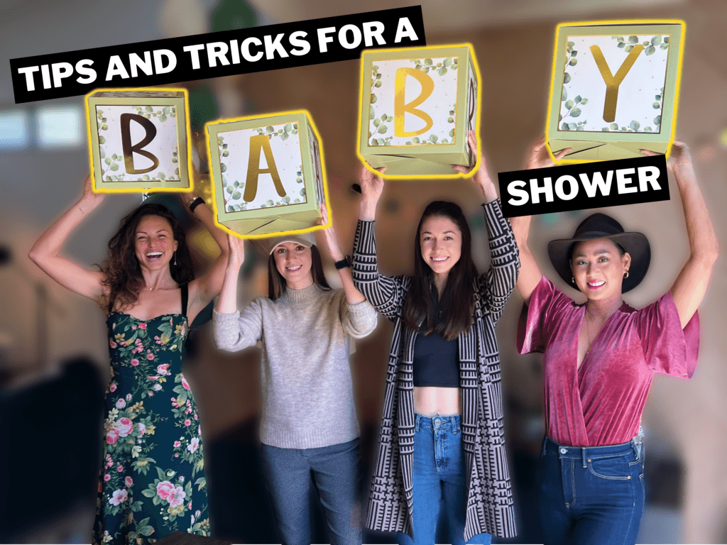 Header text: Tips and tricks for a baby shower, with 4 women holding up a box with letters saying "baby"