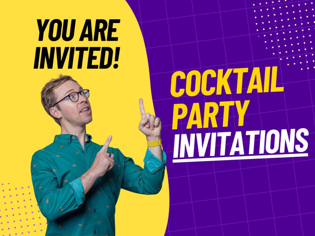 Header text: Cocktail Party Invitations in a yellow and purple background with Nick Gray's headshot
