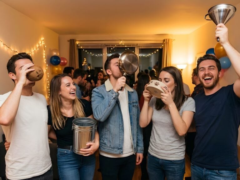 40+ Funny Ideas for an Anything but a Cup Party (Plus How to Host One) 2 Guests holding creative drinking containers at an anything but a cup party