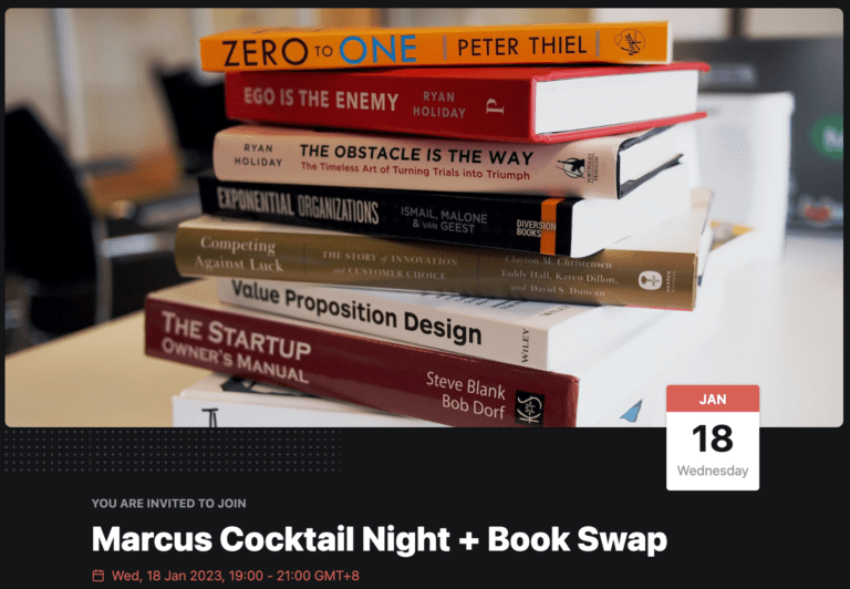 RSVP page on Luma for cocktail party and book swap event