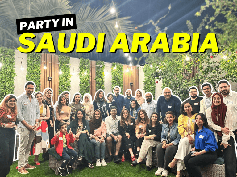 Header text: Party in Saudi Arabia, with a group photo from Sarah's happy hour