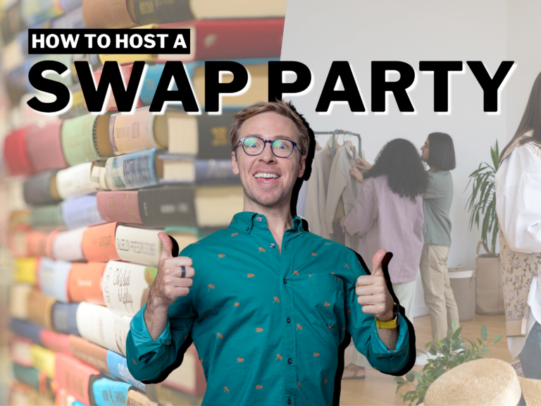 Header text: How to host a Swap Party, photo collage as background, and a headshot photo of Nick Gray