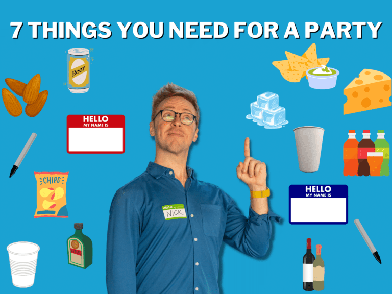 Header text: 7 Things You Need For A Party with icons of the items