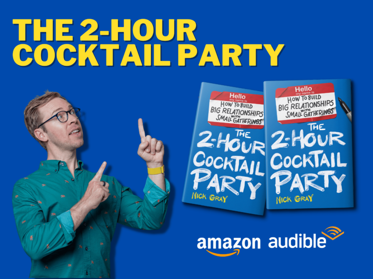 header text: the 2 hour cocktail party nick gray on the left and photo of book
