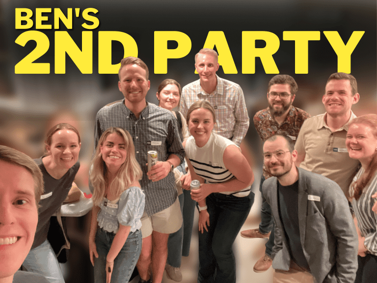Header text: Ben's 2nd Party with a group photo from a cocktail party