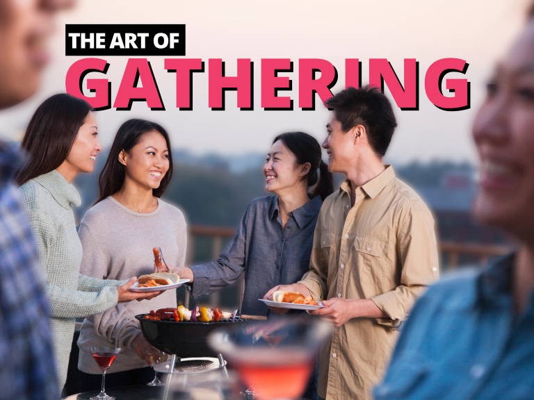 Header Text: The Art of Gathering with 4 people talking as the background image