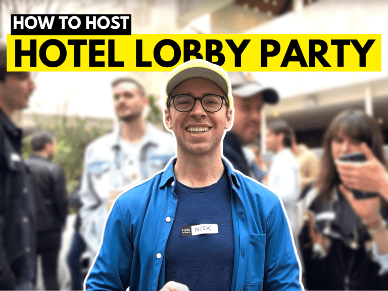 Header text: How to Host Hotel Lobby Party with a headshot of Nick Gray