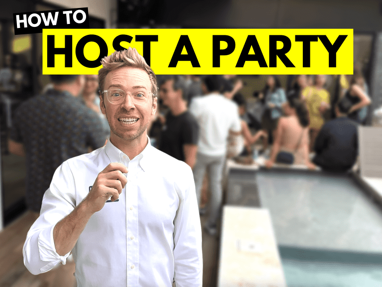Title Header: How to Host a Party with background of people attending party by the poolside