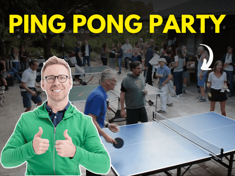 Header title: Pingpong party Header Photo of a group of people playing pingpong
