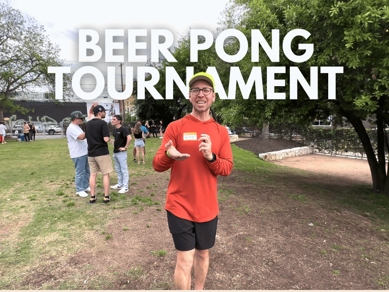 Header Title: Beer Pong Tournament with the speaker in front and few people talking in the background.